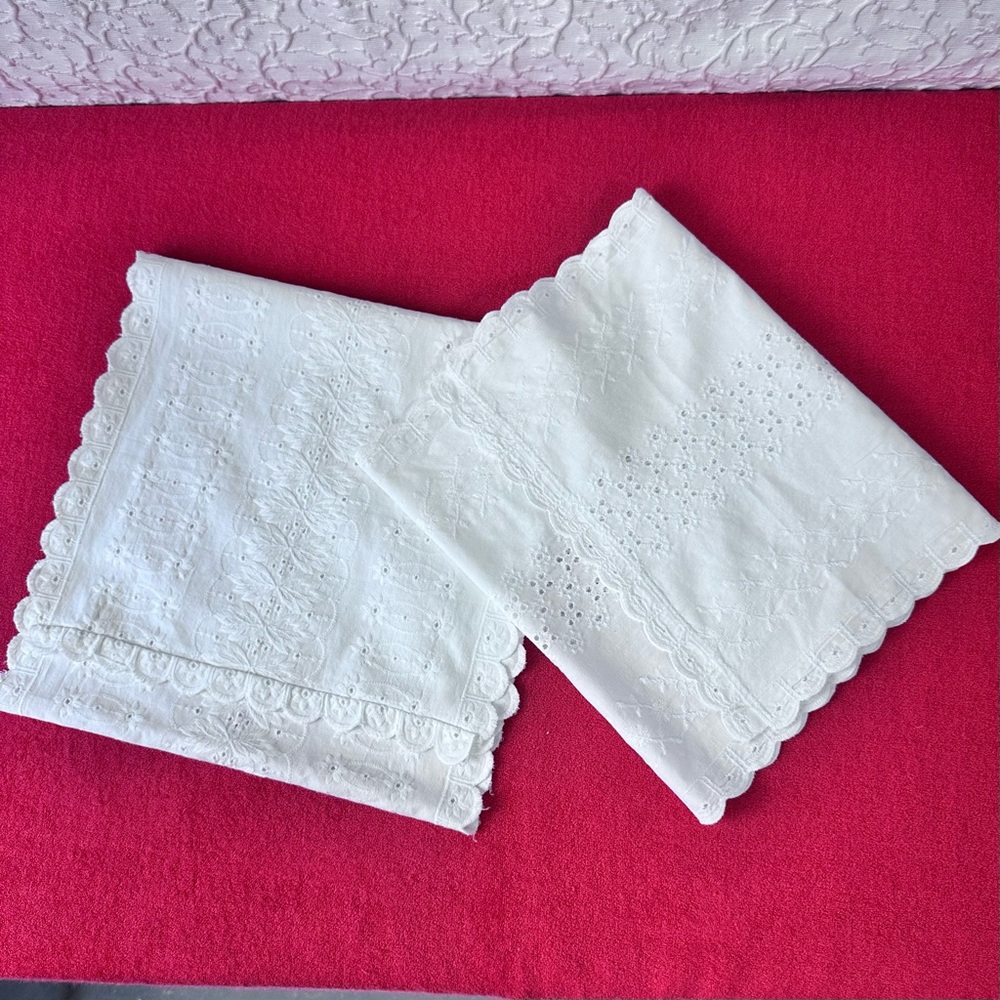 Vintage Table Runner Embroidered White Cotton Geometric Home Decor Lace Handmade
